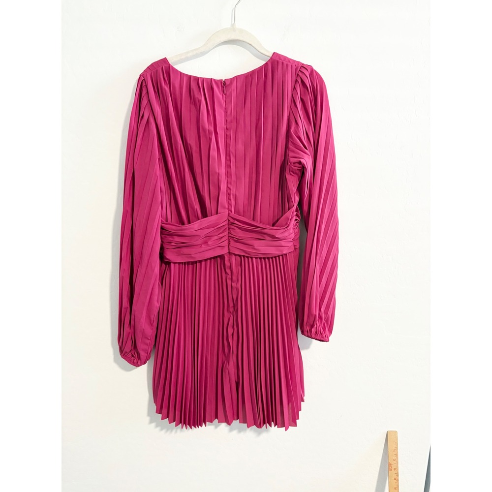 Aureta x Anthropologie Magenta Pleated V-Neck Bishop Sleeve Mini Dress‎ Medium - Picture 3 of 7